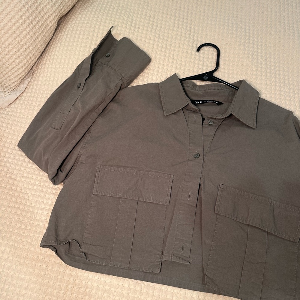 Zara dark green Button-Up Cropped Jacket